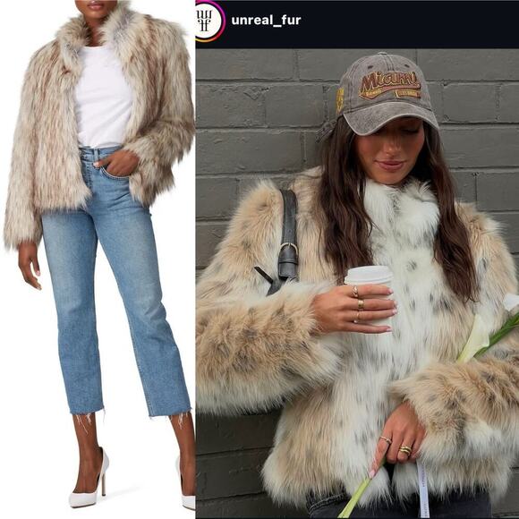 Unreal Fur Faux Fur Crop Jacket Neutral Tones Clasp Front Size Medium - Picture 8 of 8